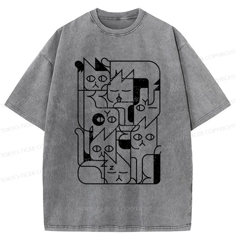 Tokyo-Tiger Abstract Cat Funny Washed T-Shirt