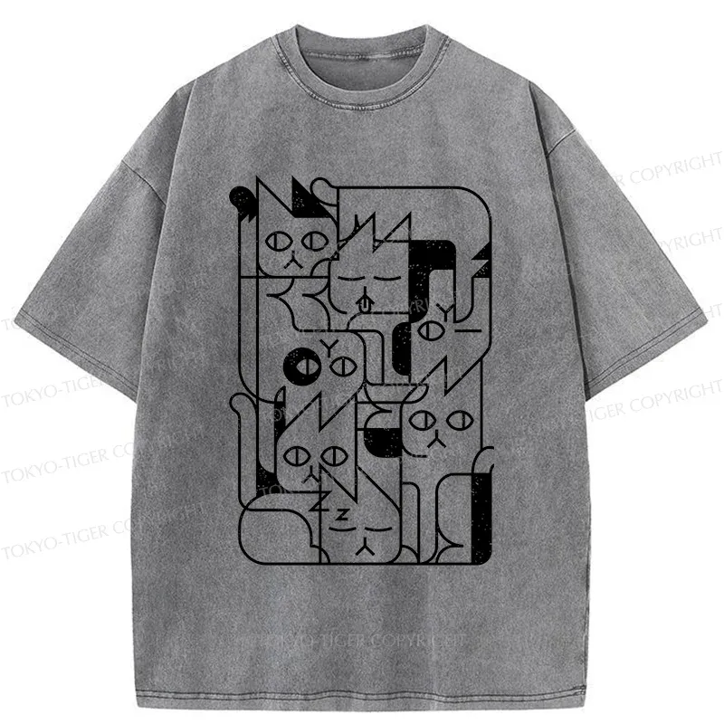 Tokyo-Tiger Abstract Cat Funny Washed T-Shirt