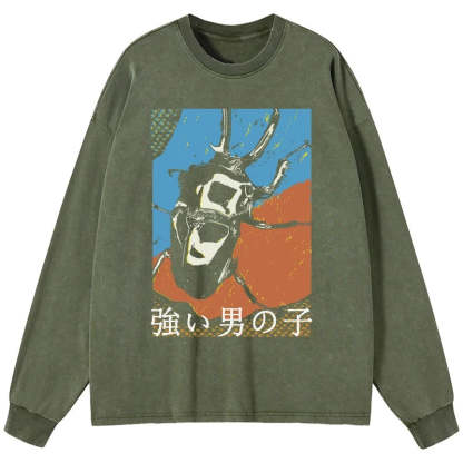Tokyo-Tiger Strong Beetle Japanese Washed Long Sleeve T-Shirt