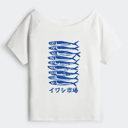 Tokyo-Tiger Sardine Market Off Shoulder T-Shirt