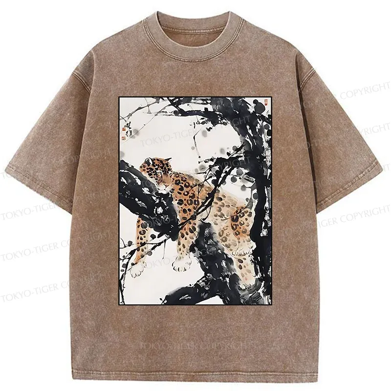 Tokyo-Tiger Ink Painting Of Leopard Washed T-Shirt