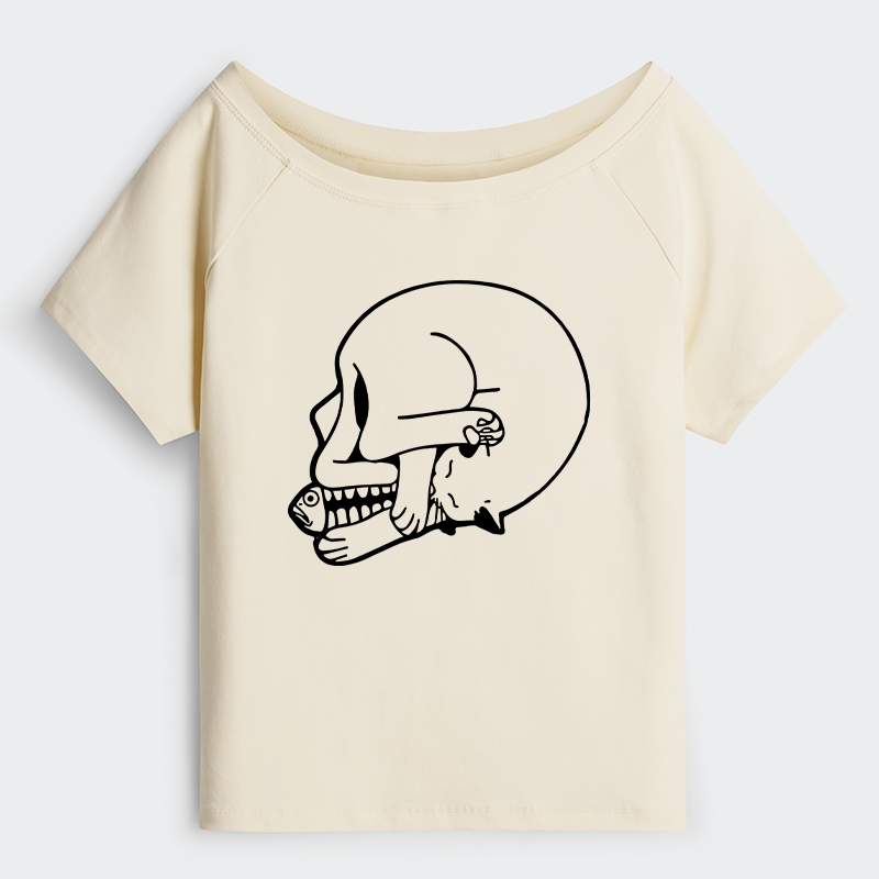 Tokyo-Tiger Funny Cat Eating Fish Off Shoulder T-Shirt