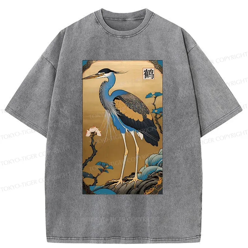 Tokyo-Tiger Ukiyo-e Japanese Cranes Washed T-Shirt Sale