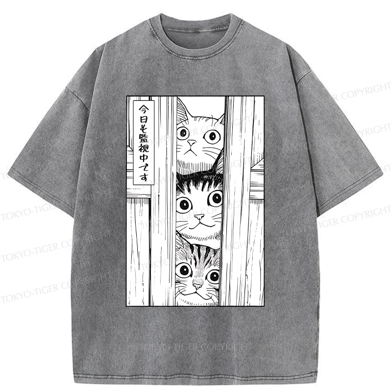 Tokyo-Tiger Three Cats Watching You Washed T-Shirt