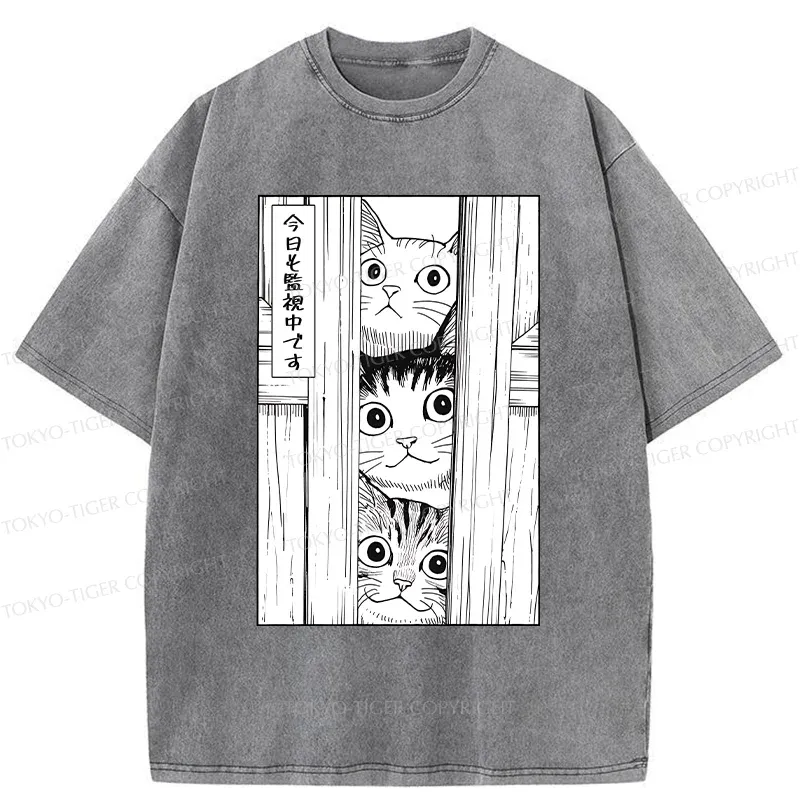 Tokyo-Tiger Three Cats Watching You Washed T-Shirt