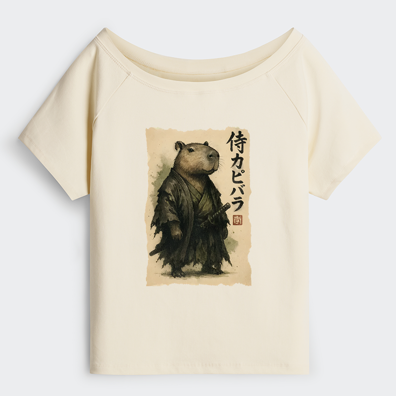 Tokyo-Tiger Capybara Samurai Off Shoulder T-Shirt