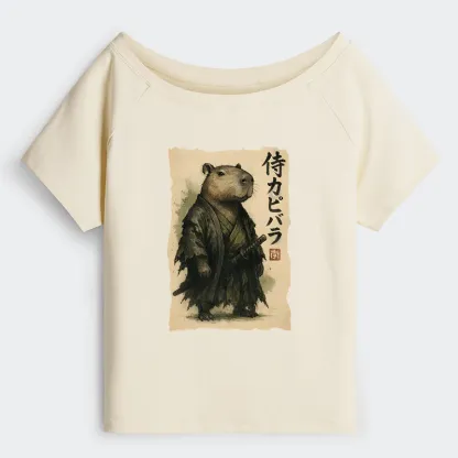 Tokyo-Tiger Capybara Samurai Off Shoulder T-Shirt