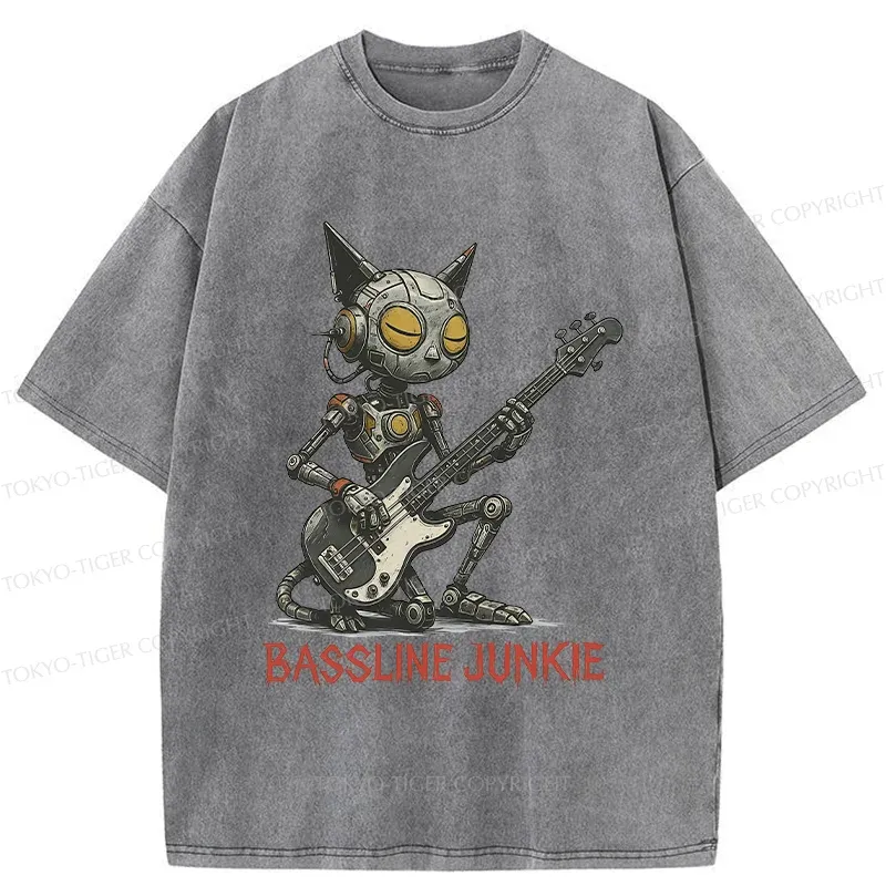 Tokyo-Tiger Robot Cat Playing Bass Washed T-Shirt