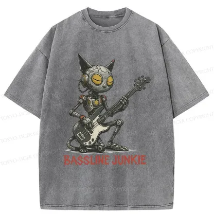 Tokyo-Tiger Robot Cat Playing Bass Washed T-Shirt