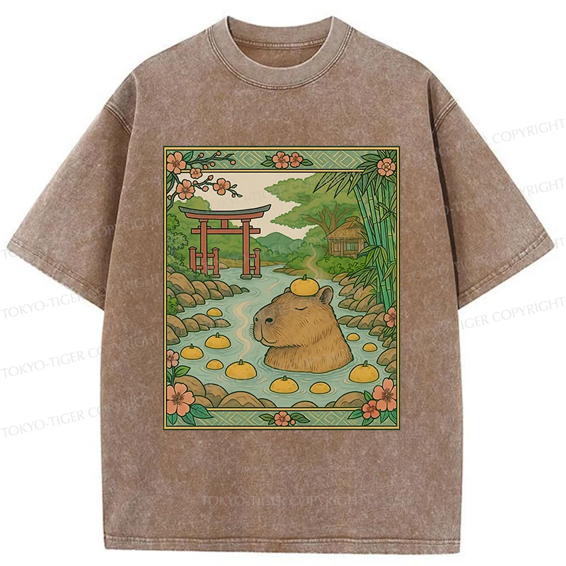 Tokyo-Tiger Bathing Capybara Ukiyoe Washed T-Shirt