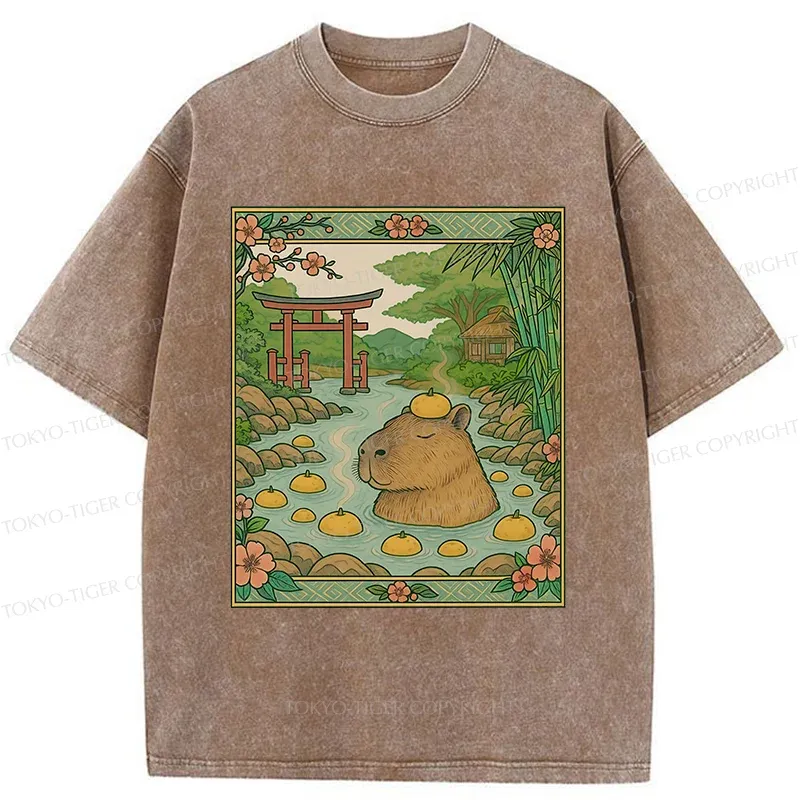Tokyo-Tiger Bathing Capybara Ukiyoe Washed T-Shirt