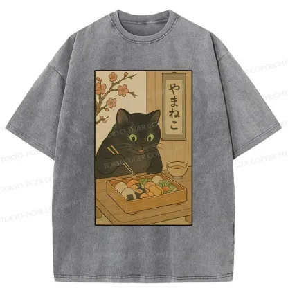 Tokyo-Tiger Black Cat Eating Sushi Washed T-Shirt