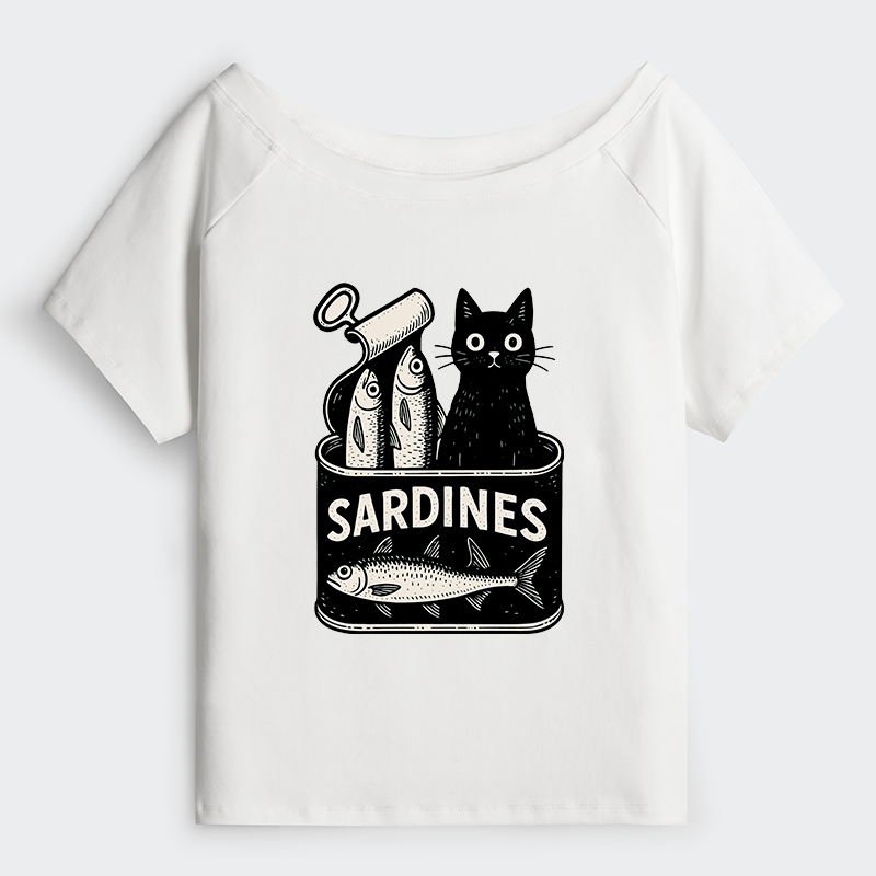 Tokyo-Tiger Cat And Canned Fish Off Shoulder T-Shirt