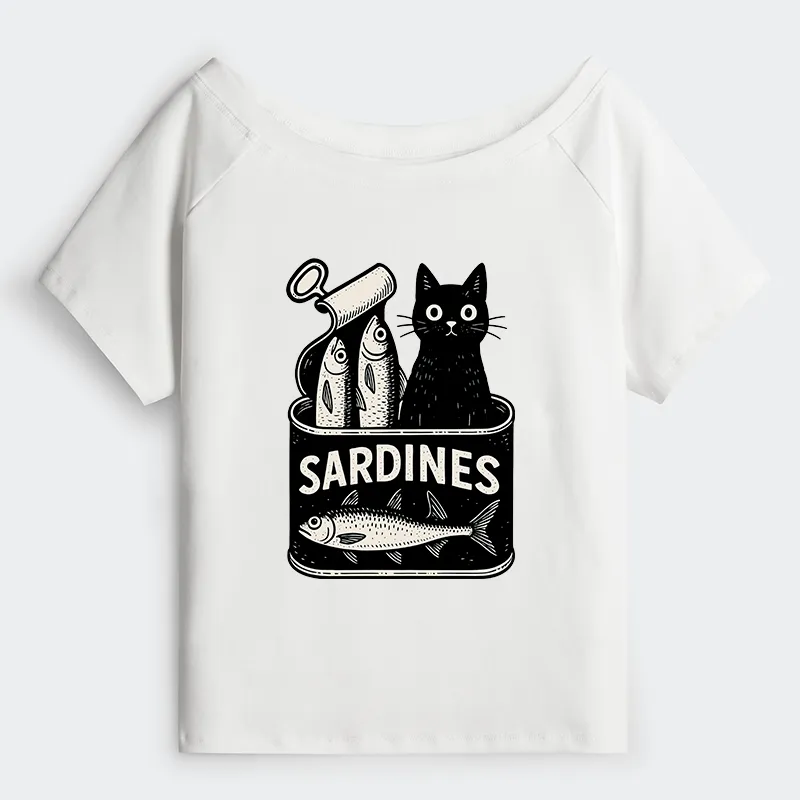 Tokyo-Tiger Cat And Canned Fish Off Shoulder T-Shirt