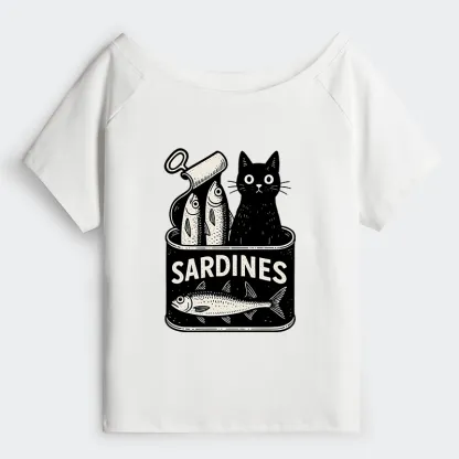 Tokyo-Tiger Cat And Canned Fish Off Shoulder T-Shirt