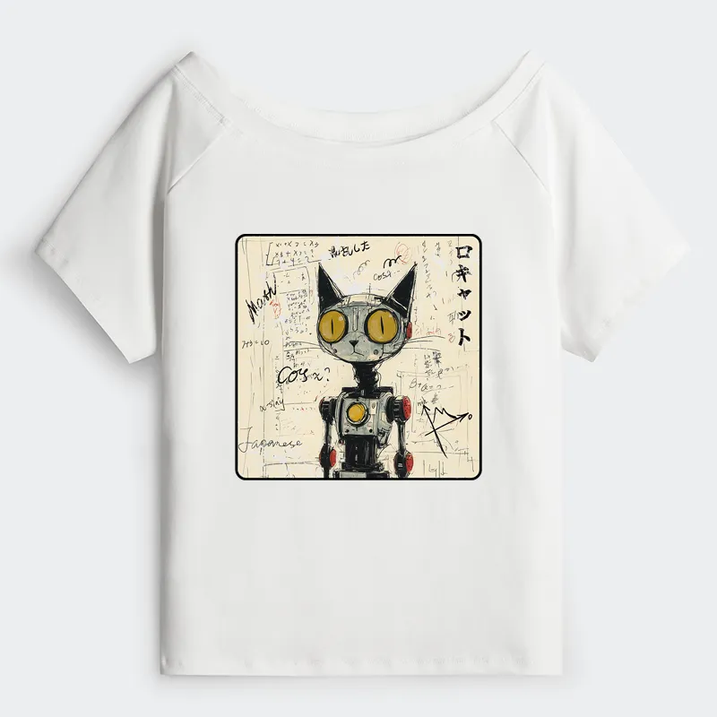 Tokyo-Tiger Robot Cat Off Shoulder T-Shirt