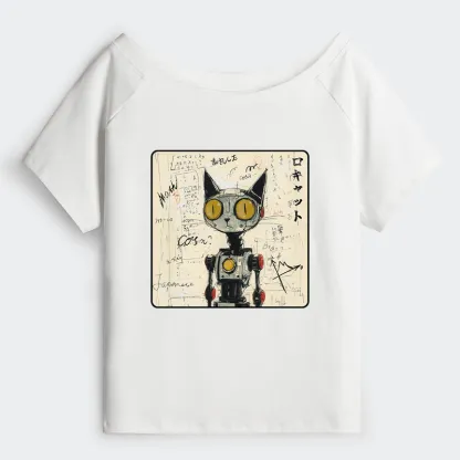 Tokyo-Tiger Robot Cat Off Shoulder T-Shirt
