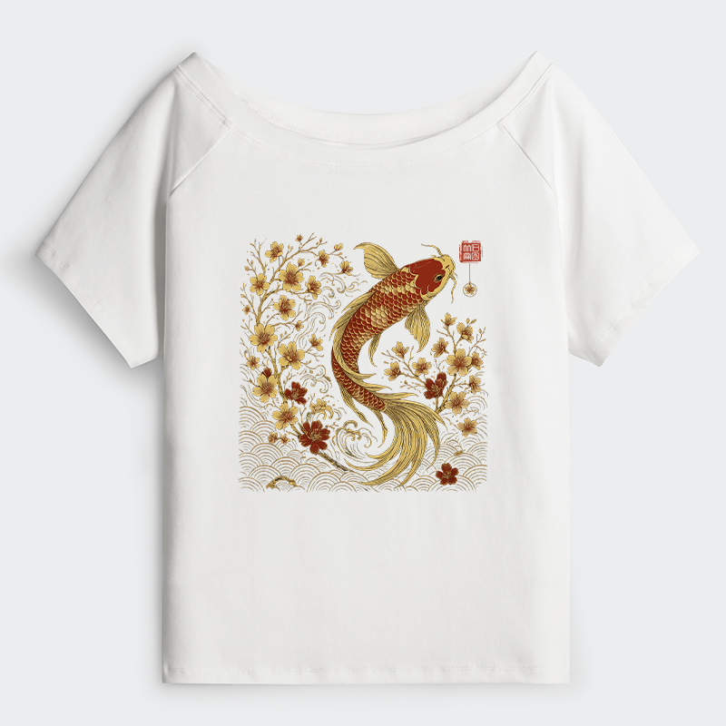 Tokyo-Tiger Vintage Sakura And Koi Off Shoulder T-Shirt