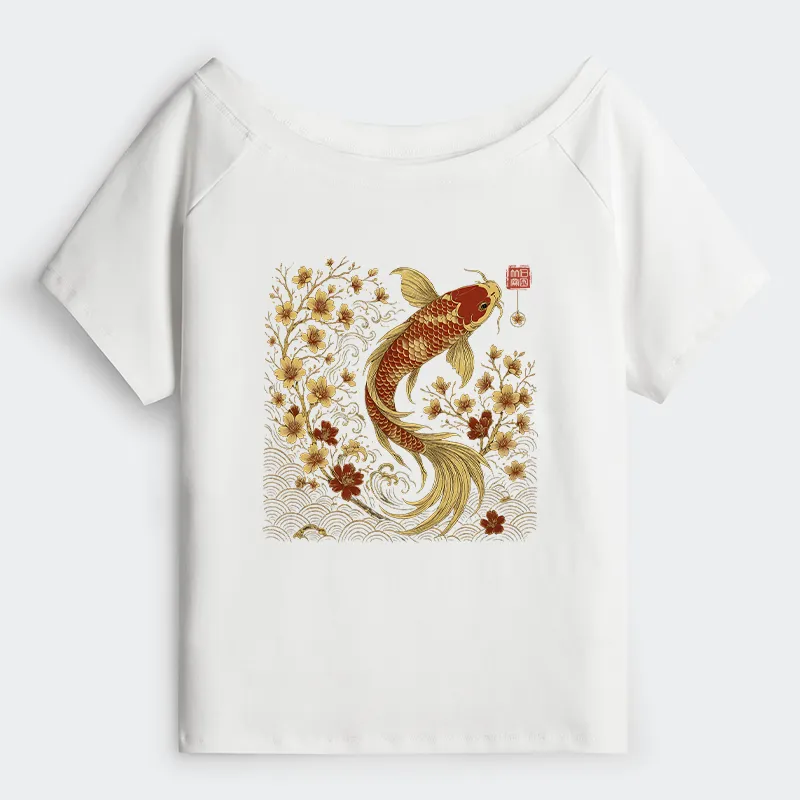 Tokyo-Tiger Vintage Sakura And Koi Off Shoulder T-Shirt