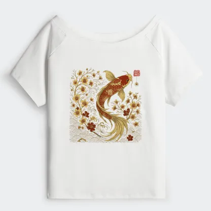 Tokyo-Tiger Vintage Sakura And Koi Off Shoulder T-Shirt