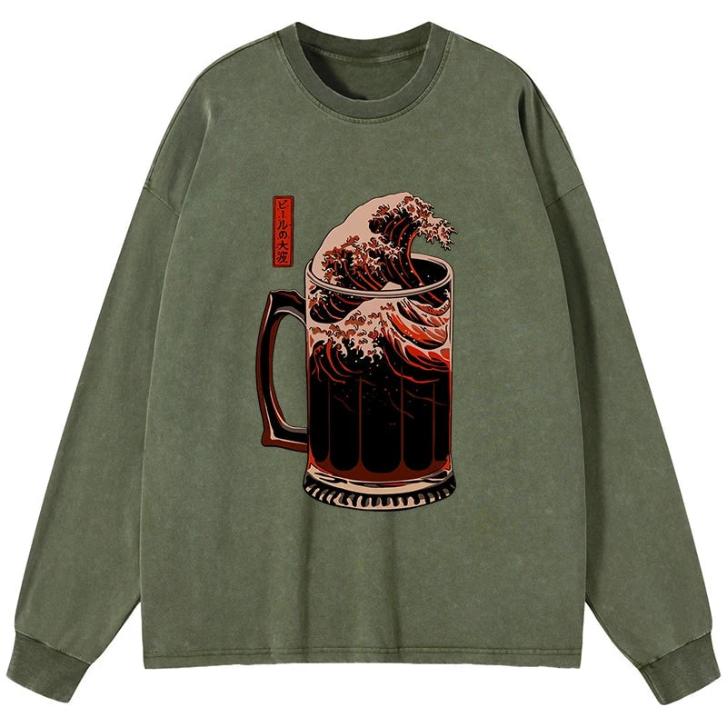 Tokyo-Tiger The Great Wave Of Beer Japanese Washed Long Sleeve T-Shirt
