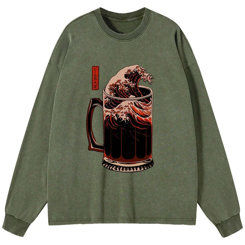 Tokyo-Tiger The Great Wave Of Beer Japanese Washed Long Sleeve T-Shirt