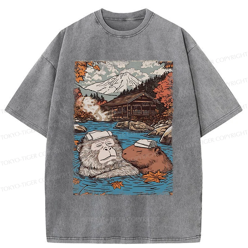 Tokyo-Tiger Monkeys And Capybaras Taking A Bath Washed T-Shirt