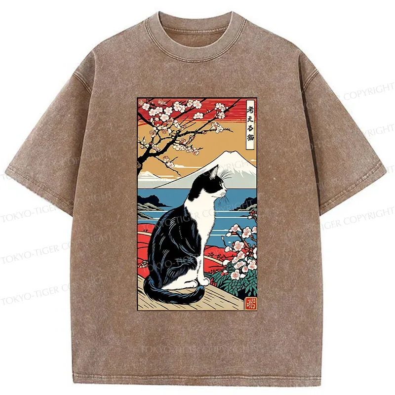 Tokyo-Tiger Thinking Cat Poster Washed T-Shirt Sale