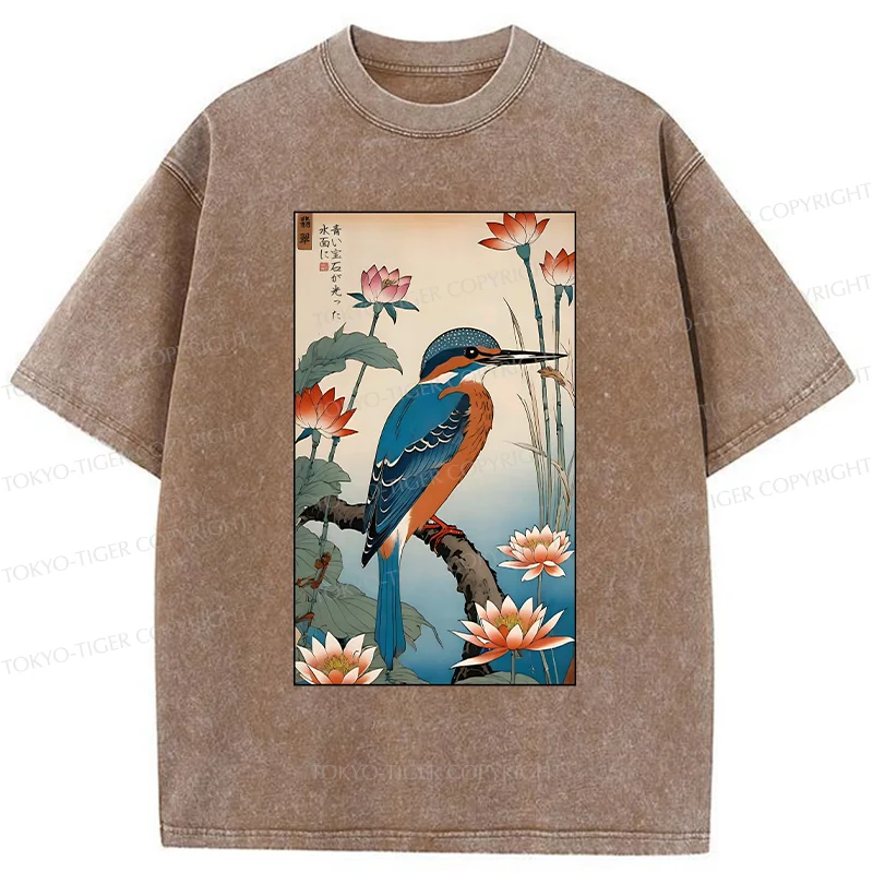 Tokyo-Tiger Ukiyo-e Kingfisher Washed T-Shirt
