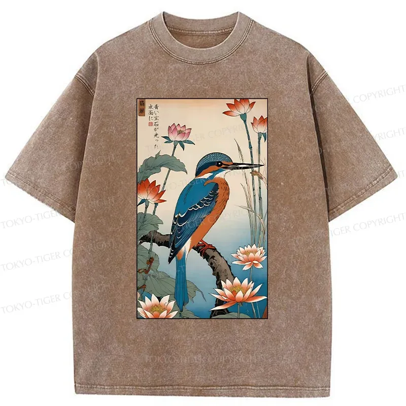 Tokyo-Tiger Ukiyo-e Kingfisher Washed T-Shirt