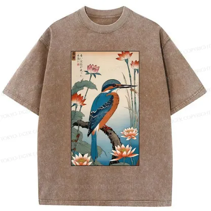 Tokyo-Tiger Ukiyo-e Kingfisher Washed T-Shirt