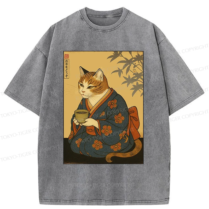 Tokyo-Tiger Ukiyoe Cat Drinking Tea Washed T-Shirt