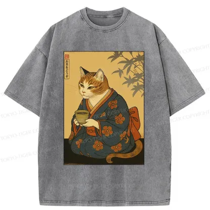 Tokyo-Tiger Ukiyoe Cat Drinking Tea Washed T-Shirt