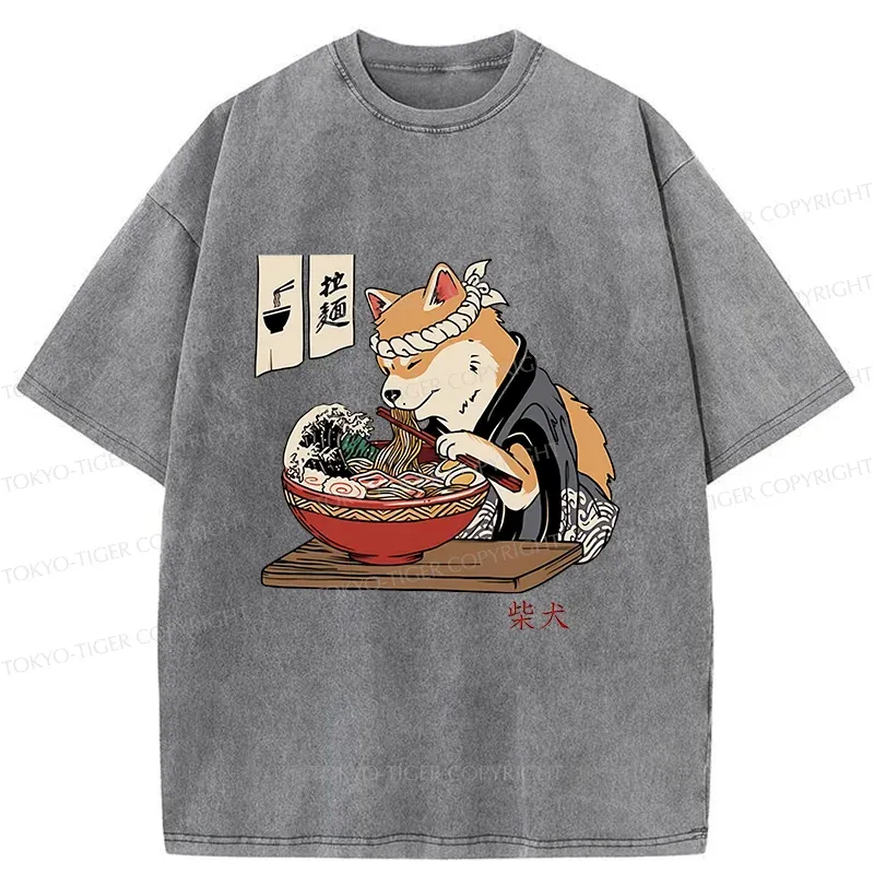 Tokyo-Tiger Shiba Inu Eating Ramen Japan Washed T-Shirt Sale