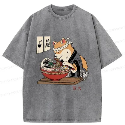 Tokyo-Tiger Shiba Inu Eating Ramen Japan Washed T-Shirt