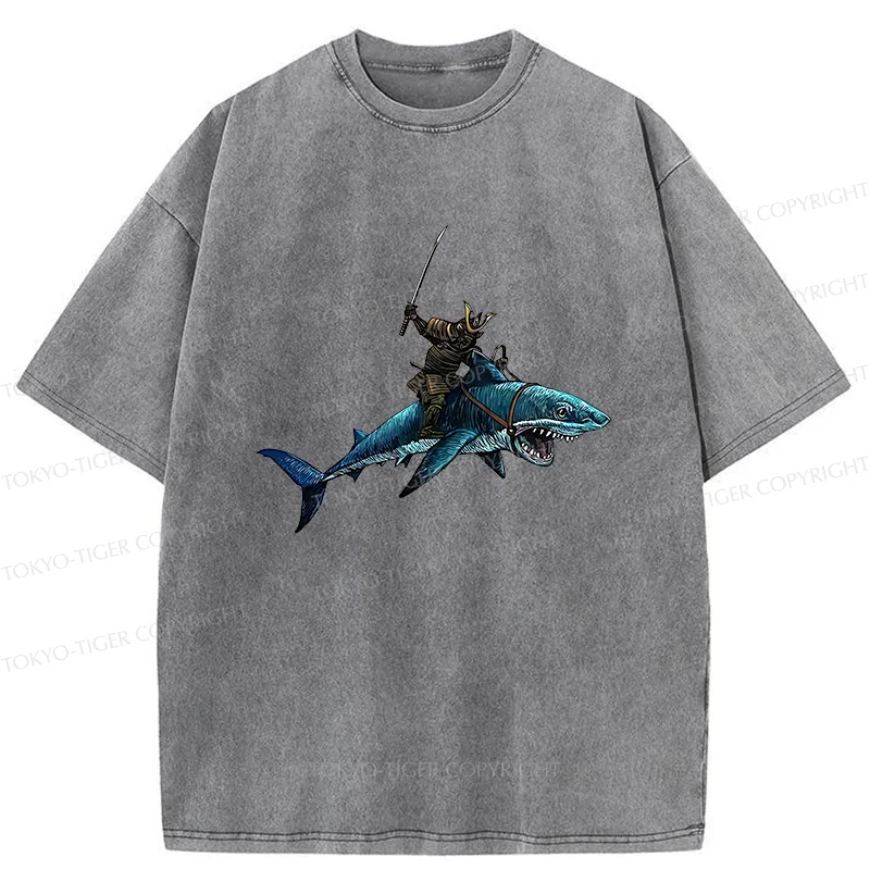 Tokyo-Tiger Samurai Riding A Shark Washed T-Shirt