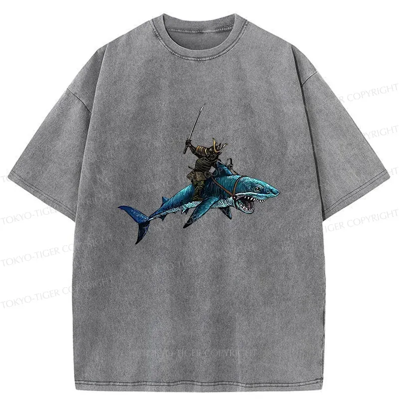 Tokyo-Tiger Samurai Riding A Shark Washed T-Shirt