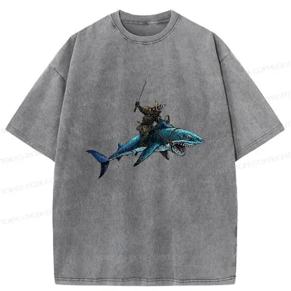 Tokyo-Tiger Samurai Riding A Shark Washed T-Shirt