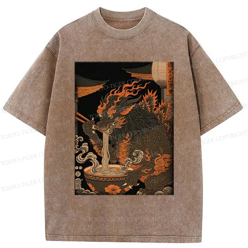 Tokyo-Tiger Kirin Eating Ramen Washed T-Shirt