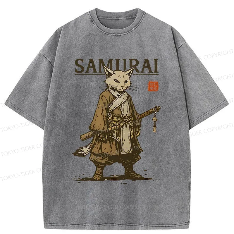 Tokyo-Tiger Samurai Cat Japan Washed T-Shirt