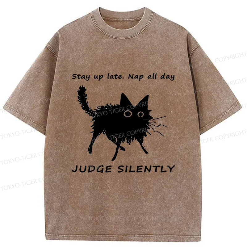 Tokyo-Tiger Lazy Black Cat Funny Washed T-Shirt