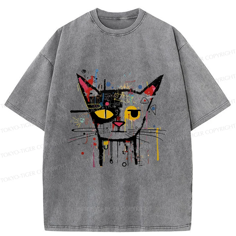 Tokyo-Tiger Abstract Cat Funny Washed T-Shirt
