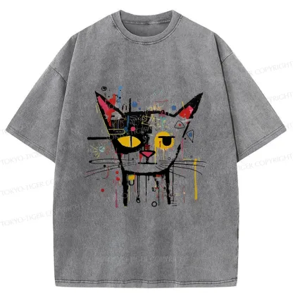 Tokyo-Tiger Abstract Cat Funny Washed T-Shirt