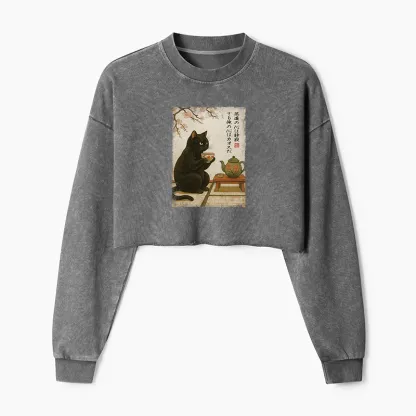 Tokyo-Tiger Tea Time With A Black Cat Washed Crop Sweatshirt