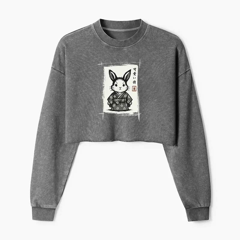 Tokyo-Tiger Woodcut Bunny Washed Crop Sweatshirt