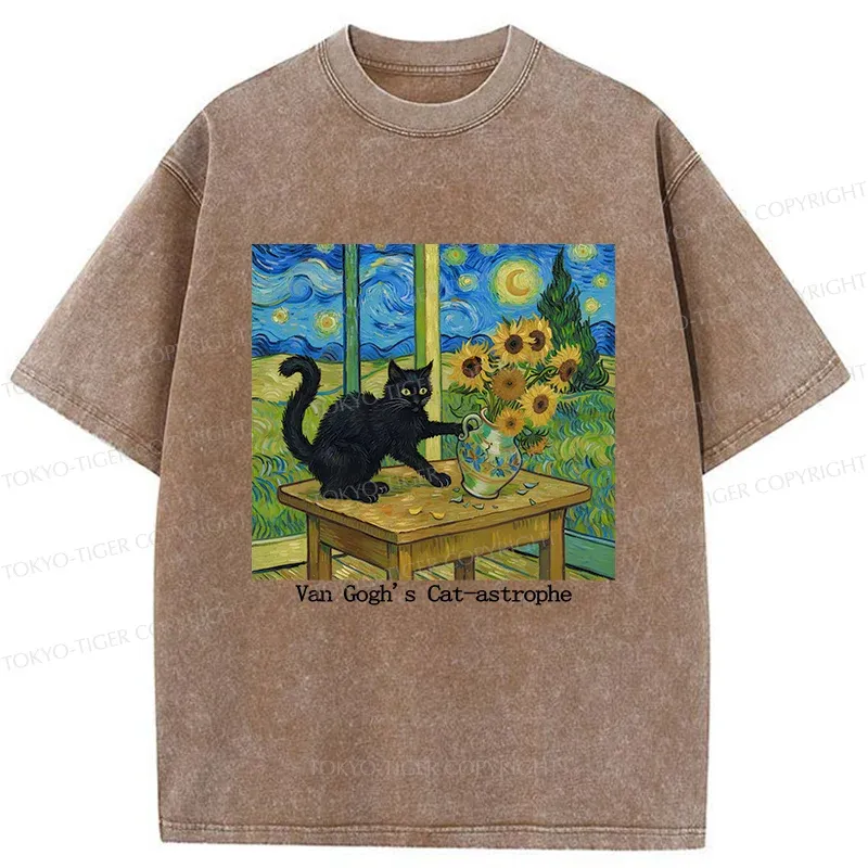 Tokyo-Tiger Cat Playing With Sunflowers Washed T-Shirt