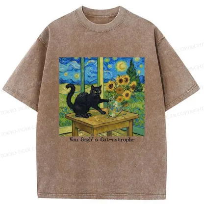 Tokyo-Tiger Cat Playing With Sunflowers Washed T-Shirt