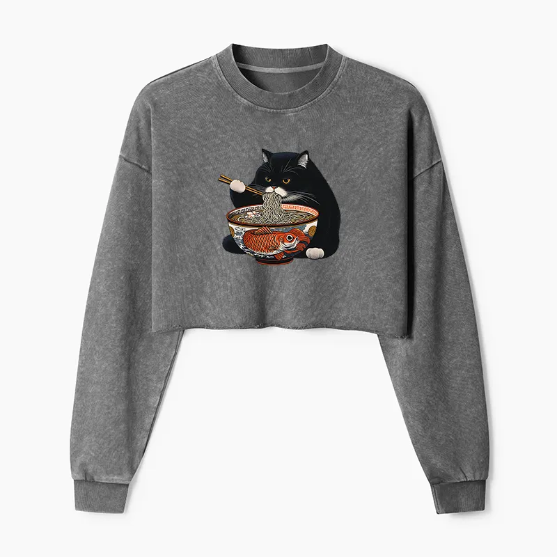 Tokyo-Tiger Fat Cat Eating Ramen Washed Crop Sweatshirt