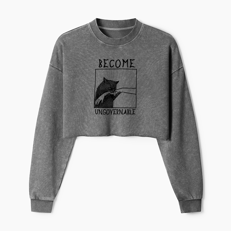 Tokyo-Tiger Cat Biting Arm Washed Crop Sweatshirt