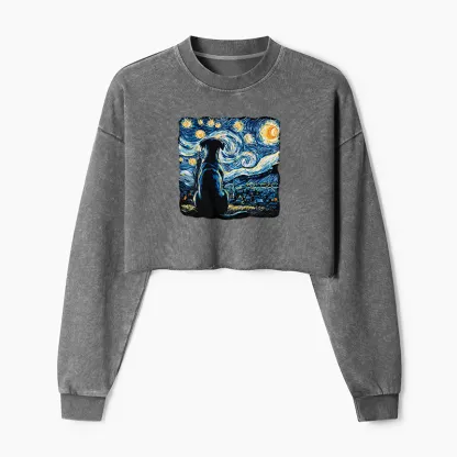 Tokyo-Tiger Starry Night Dog Washed Crop Sweatshirt